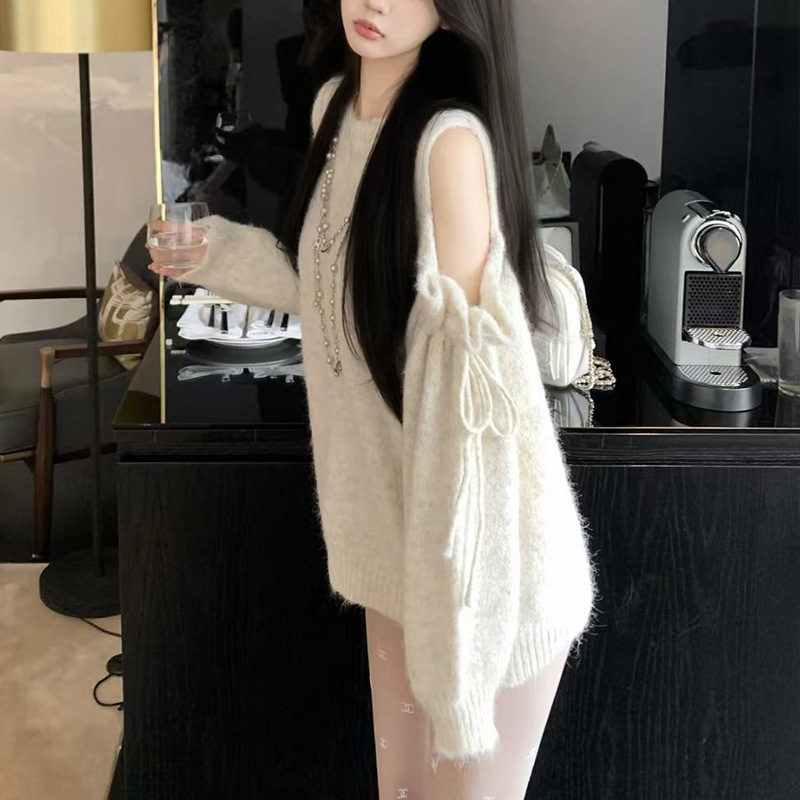 新款【乖妹速成】羊毛露肩抽褶系带针织衫女秋毛衣宽松氛围感上衣|undefined