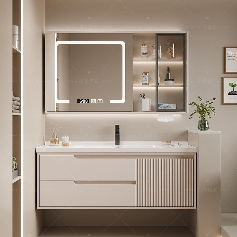 Oak Door Panel Bathroom Cabinet Ceramic Integrated Basin Cream Wash Basin Cabinet Combination Bathroom Wash Basin Simple Bathroom Cabinet