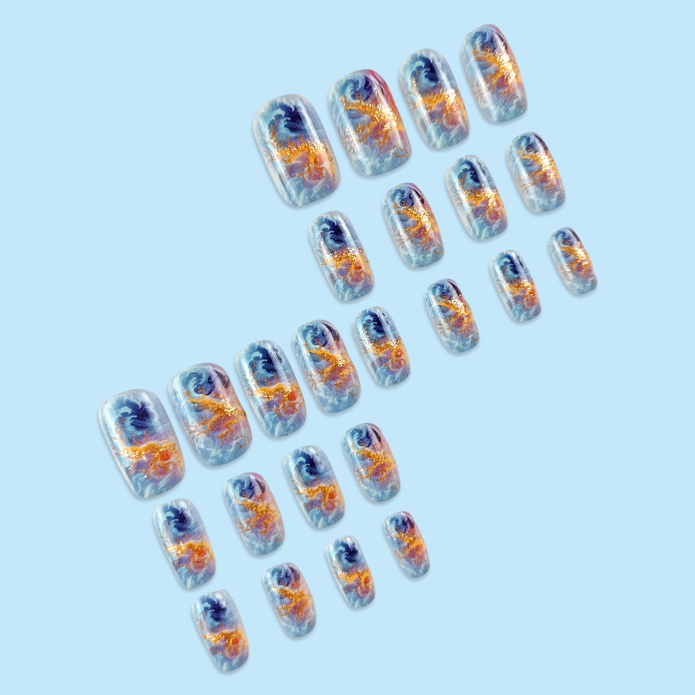 Pegatinas para uñas con rayas de llama roja y azul, puntas de uñas cuadradas con purpurina, 24 piezas de puntas de uñas transfronterizas que se pueden usar