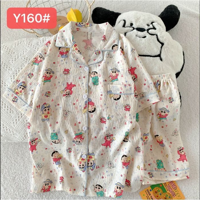 Pijamas de algodón de nube al por mayor transfronterizo para mujer nueva rebeca de verano solapa pantalones cortos de manga corta traje de servicio a domicilio dulce y lindo