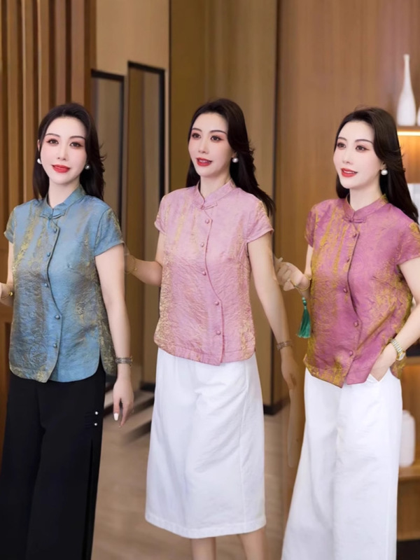 新しい中国風の女性の半袖スタンドカラーチャイナスタイルシャツトップ薄い女性のファッショナブルなTシャツ偏心ボトムシャツ大きいサイズ|undefined