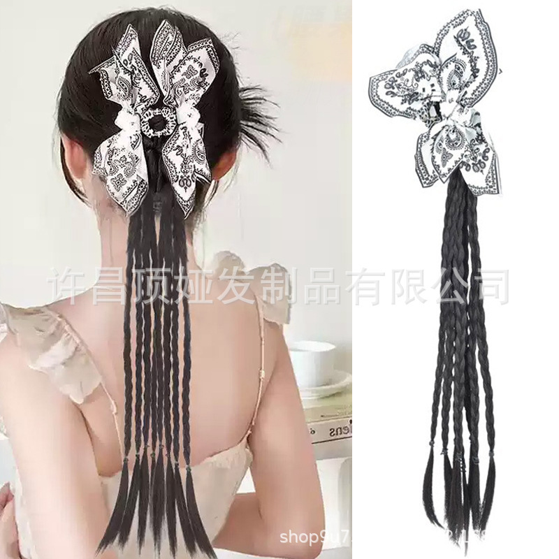 Wig Female White Cashew Cashew Flower Grab Braids High-End Bow Headdress Shark Hairpin 8-Strand Braids