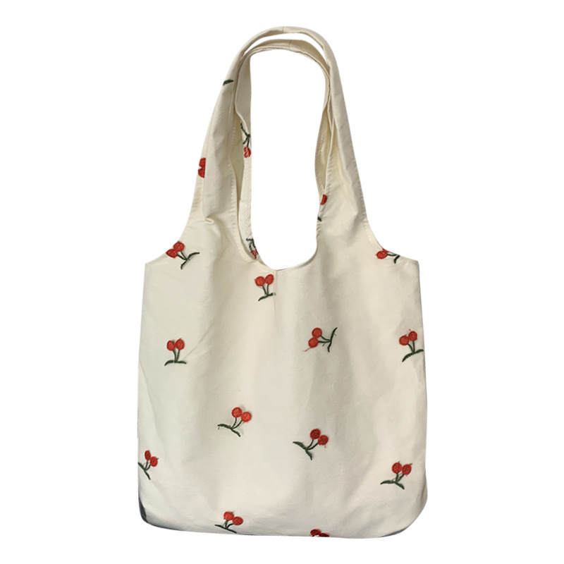 Bolso de lona de malla con bordado de cereza pequeña Bolso de hombro para mujer Estilo de chaleco Pequeño estilo de arte fresco Bolso de clase para estudiantes