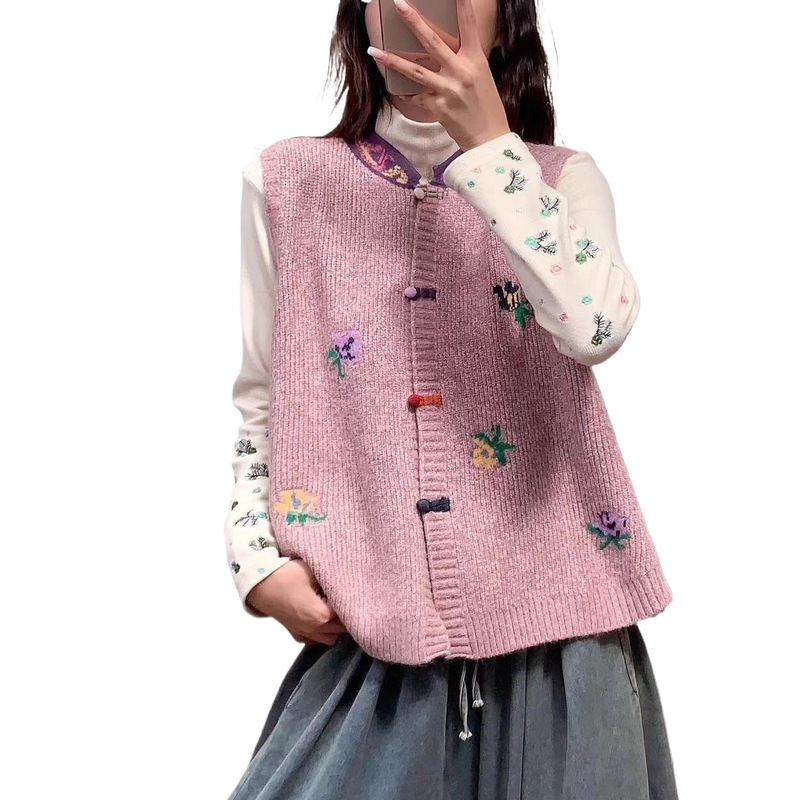 新品纽扣开衫撞色背心女复古文艺叠穿无袖针织马甲|undefined