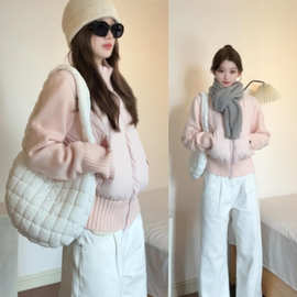 韩系温柔风粉色针织拼接棉服女冬季小个子减龄短款棉袄老钱风外套