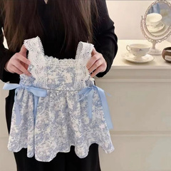 女童2024新款韓國童裝夏季青花瓷碎花蝴蝶結鈎花棉布連衣裙