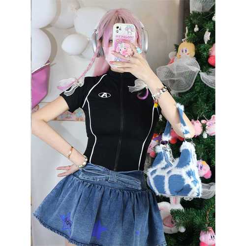 Cross-border wholesale hot girl figure-hugging black zipper short-sleeve top versatile new white line slimming T-shirt