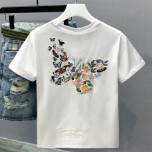 国潮短袖t恤ins夏季男半袖棉质情侣打底衫潮牌蝴蝶刺绣圆领体恤男