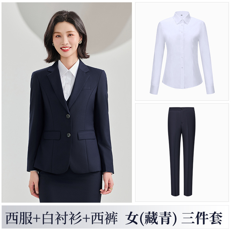 (female) navy blue suit + pants + white shirt