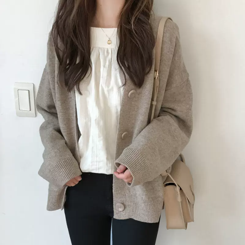 针织开衫外套女士2023年新短款早春秋季慵懒宽松针织毛衣女上衣