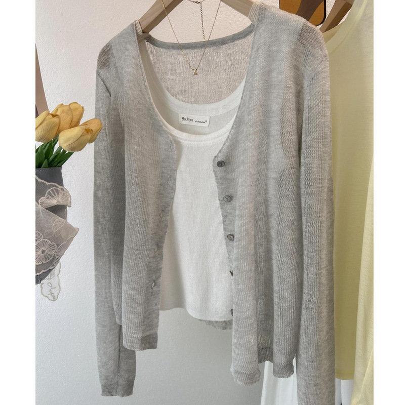 Gray Knitted Cardigan Women's Thin Air-Conditioning Shirt Shawl Summer Suspender Outer Blouse Sun Protection Tulle Top