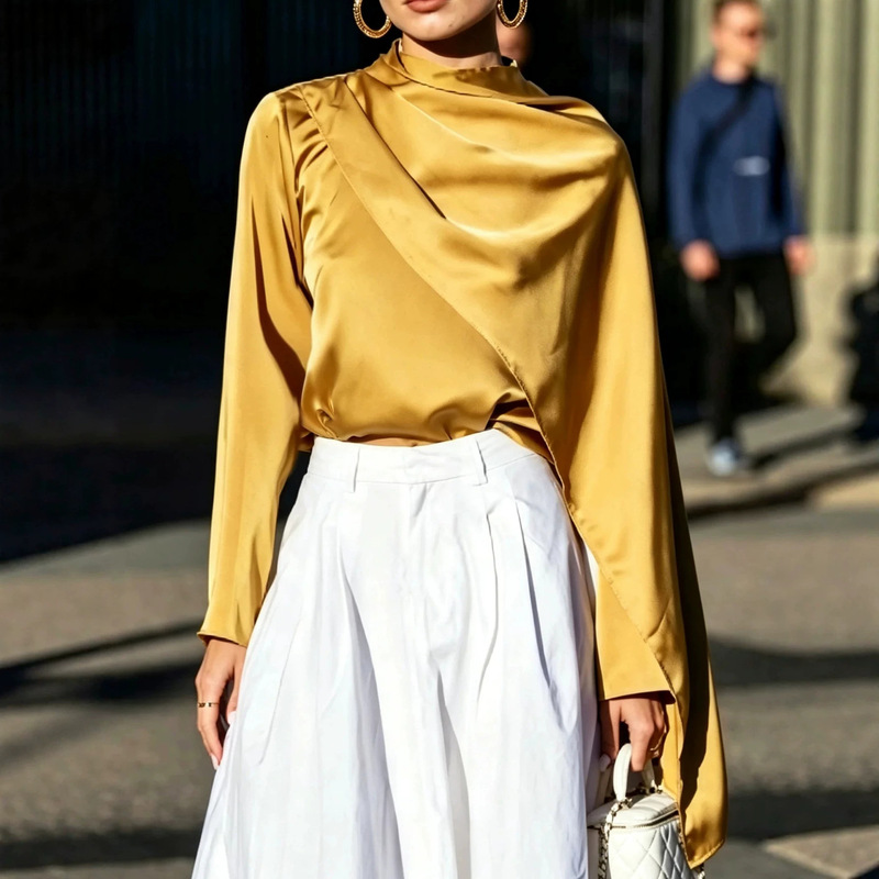 European and American cross-border women's urban style plain satin wrap blouse, long-sleeved, loose-fitting top, new style European and American cross-border women's urban style plain satin wrap blouse, long-sleeved, loose-fitting top, new style