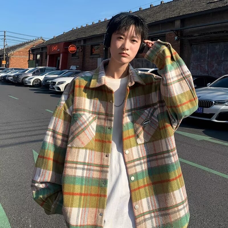小香风长袖衬衫男春秋季蓝色格子工装外套少年感格子衬衣夹克衬衫