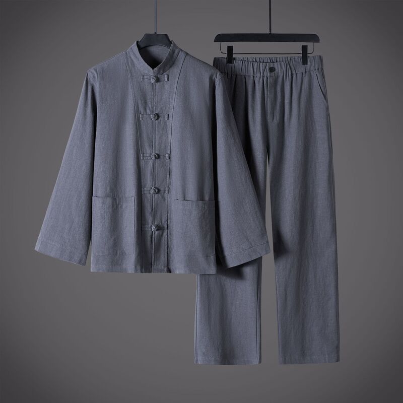 Chinese Cotton and Linen Tang Suit Men's Long-Sleeved Suit Chinese Style Men's Stand-Up Collar Plate Button Han Dynasty Retro Zen Layman's Suit for Men