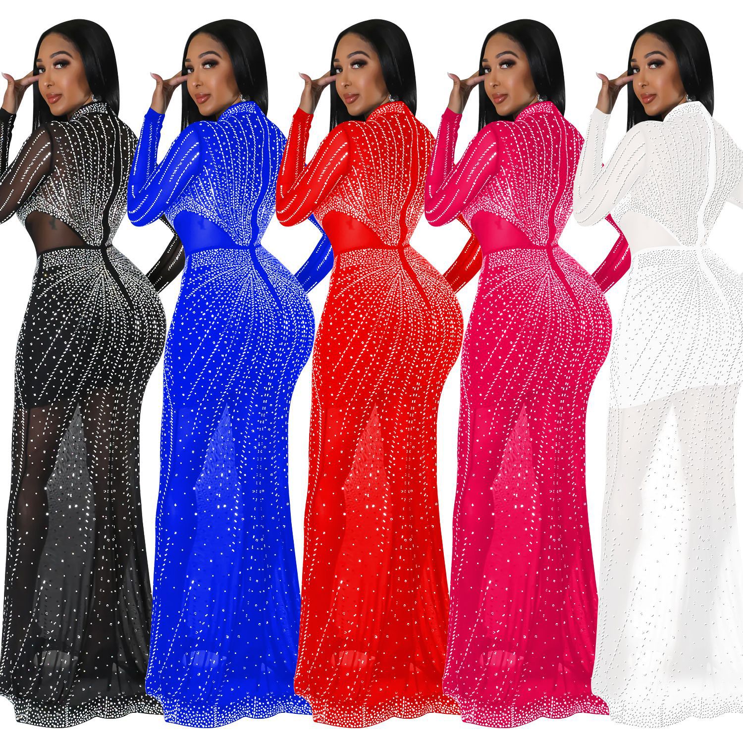 C6369 transfronteriza AliExpress Amazon Europa y América de las mujeres de moda de color sólido de malla Vestido de manga rhinestone vestido