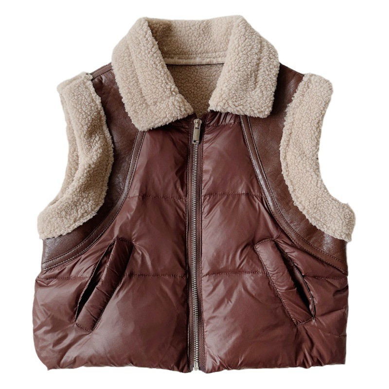 Chaleco de Motocicleta de Lana de Cordero y Cuero con Diseño de Patchwork, Chaleco Infantil de Plumón, Moderno y Grueso para Invierno, Venta al por Mayor por Pieza.