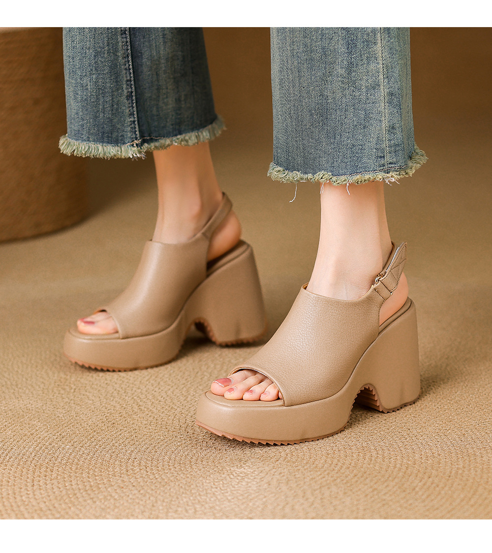 Sandal cao gót nữ hở mũi đế xuồng da bò mềm quai dán — màu trắng ngà, màu mơ chi tiết 8