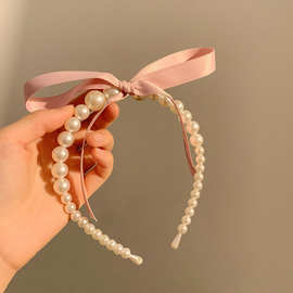 奶油少女感~法式粉色蝴蝶结丝带珍珠发箍高级感甜美气质发卡头箍