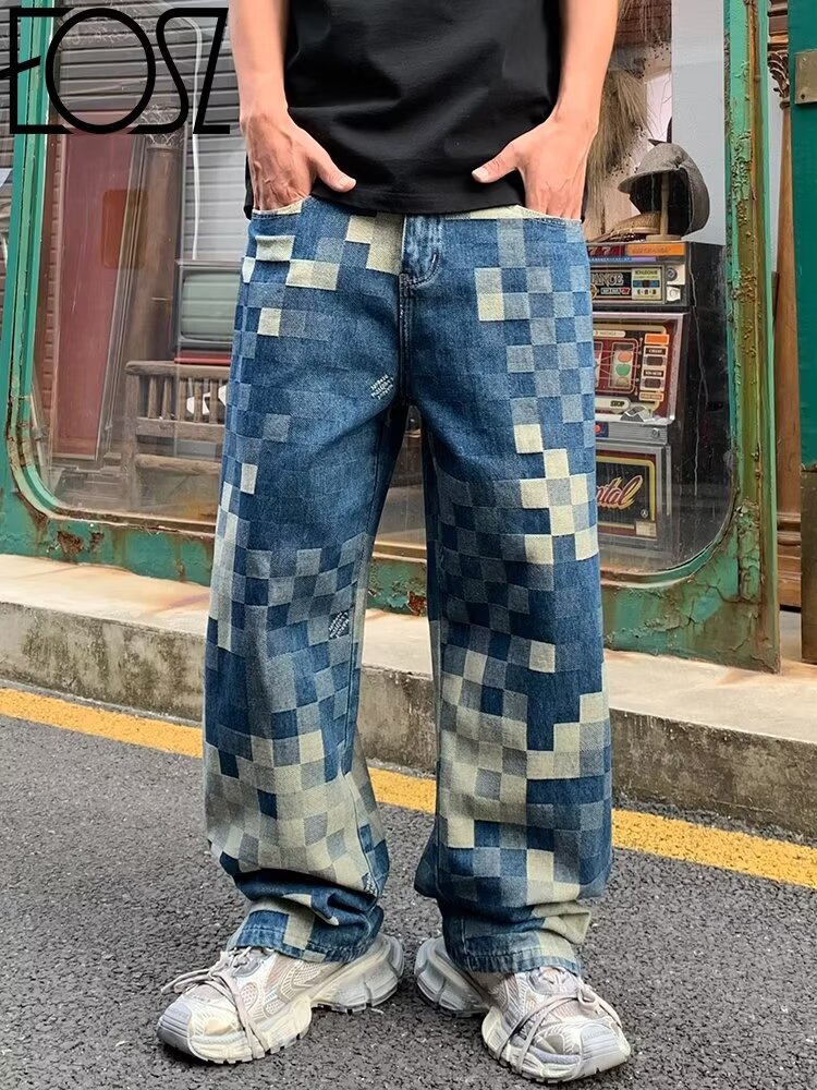 Herrenbekleidung Hochwertige Mosaik Schachbrett Jeans Herren Leicht Luxus Straight Street Trend Casual_voghion.com