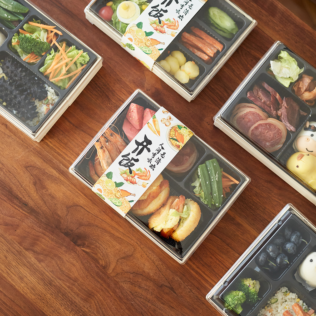 Caja de comida desechable de bento con cubierta de madera de alta calidad, caja de embalaje de picnic de camping de varios lugares