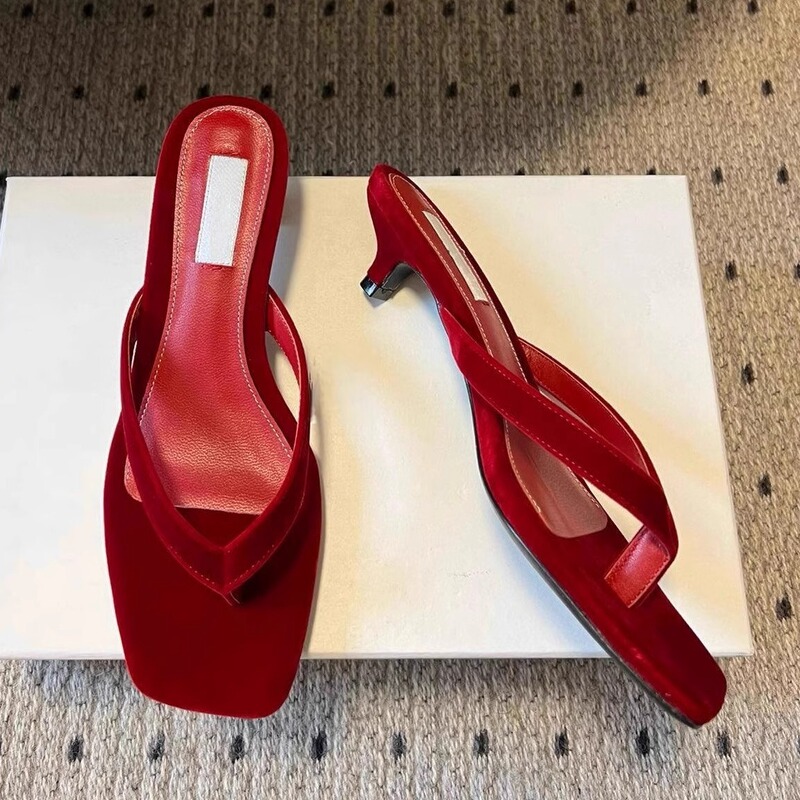 Ready-Made Version ~ Spring and Summer New Thong Square-Toe Flip-Flops for Women, Versatile Open-Toe Flip-Flops, Cat Heel Stiletto Sandals