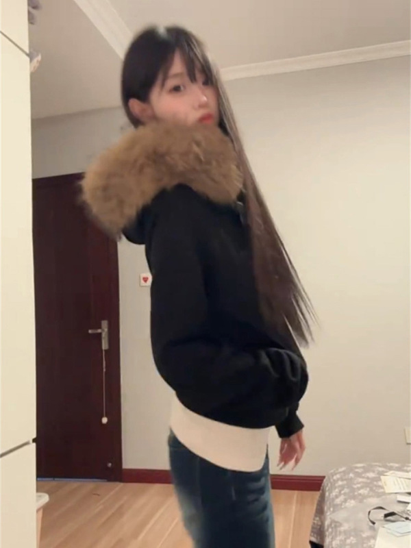 黑色显瘦毛领连帽长袖卫衣女2025秋季美式高街慵懒风外套开衫上衣|undefined