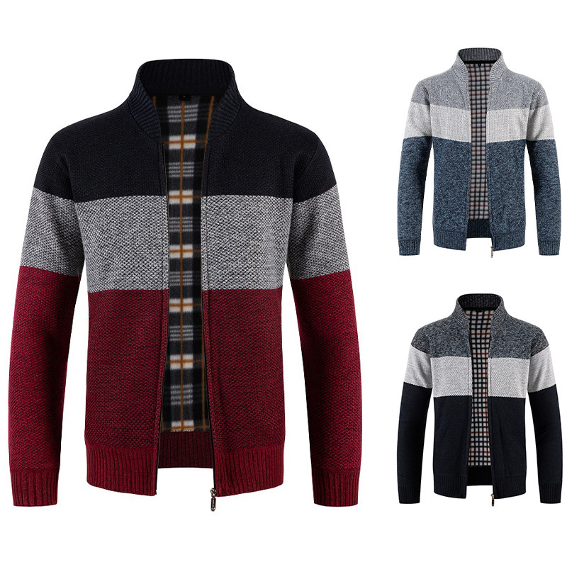Men's Sweater Knitted Shirt Coat Korean Fashionable Autumn and Winter Color Split Full Zip Jacket Men's Top Cardigan