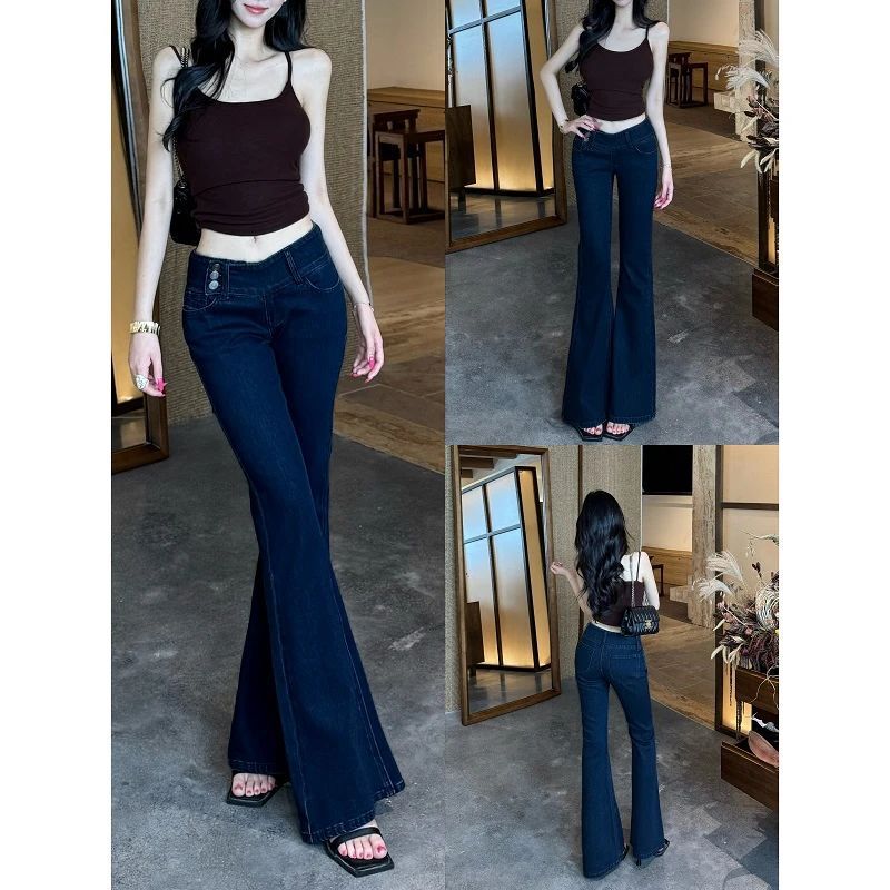 Dark blue supermodel flared jeans for women, new model 26, buttoned, drapey, floor-length bell-bottom pants, slimming and figure-concealing, stretchy Dark blue supermodel flared jeans for women, new model 26, buttoned, drapey, floor-length bell-bottom pants, slimming and figure-concealing, stretchy