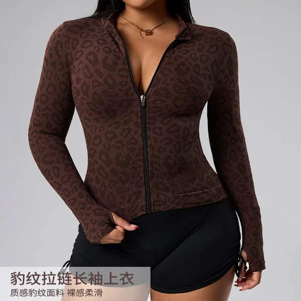 Amazon Cross-Border Women's Fashion Classic Coffee-Colored Leopard Print Zipper Yoga Jacket Leopard Print Yoga Jacket