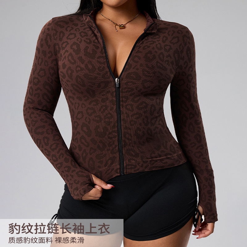 Amazon Cross-Border European and American Style Women's Clothing Spring New Fashion Classic Coffee-Colored Leopard Print Zipper Yoga Jacket