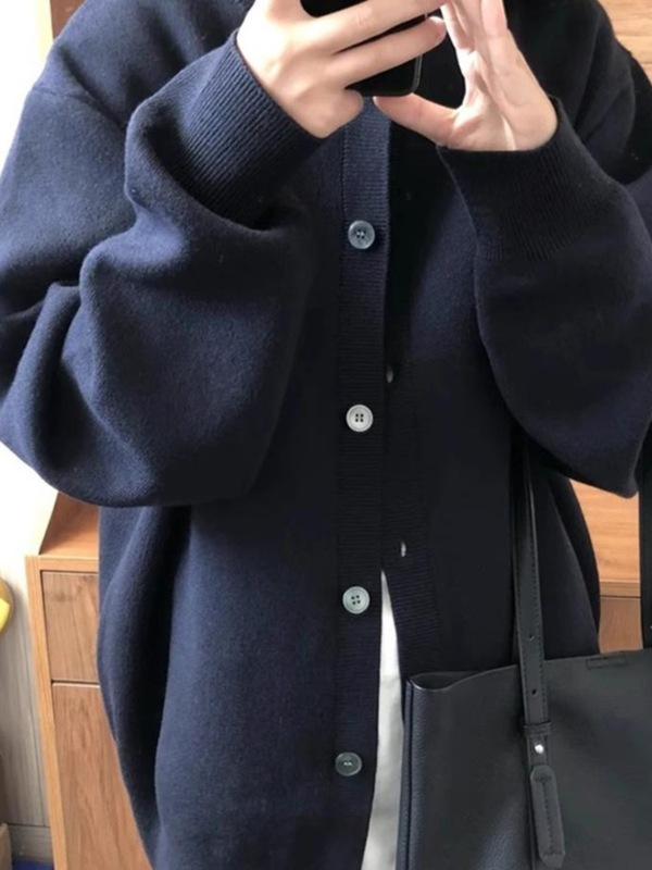 藏青色毛衣开衫外套女针织衫秋季新款宽松慵懒风别致休闲百搭上衣|undefined