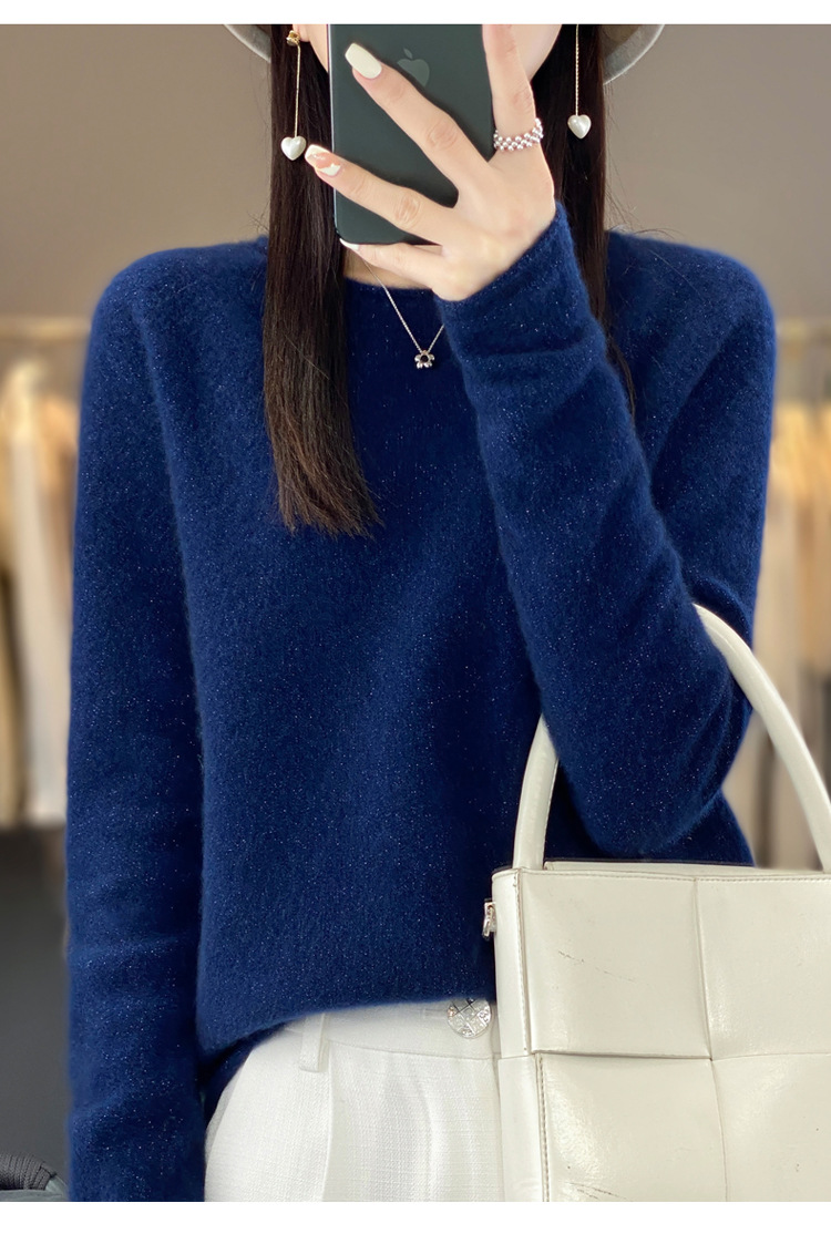 2023年秋冬新款韩版女士纯羊毛圆领卷边长袖纯色套头打底羊毛衫详情15