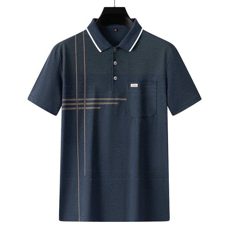 De mediana edad impreso Polo camisa de manga corta de los hombres de solapa papá verano camiseta a rayas de algodón mercerizado camiseta ropa de los hombres al por mayor