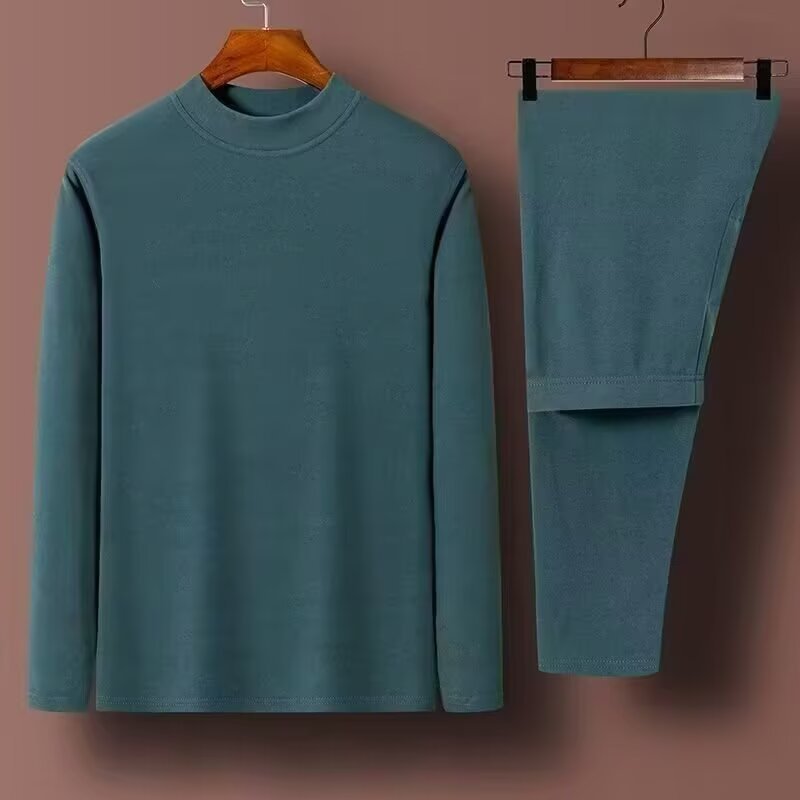 Men's Thermal Underwear Set, Autumn and Winter Thin Base Layer Set with Round Neck and Mid-High Collar