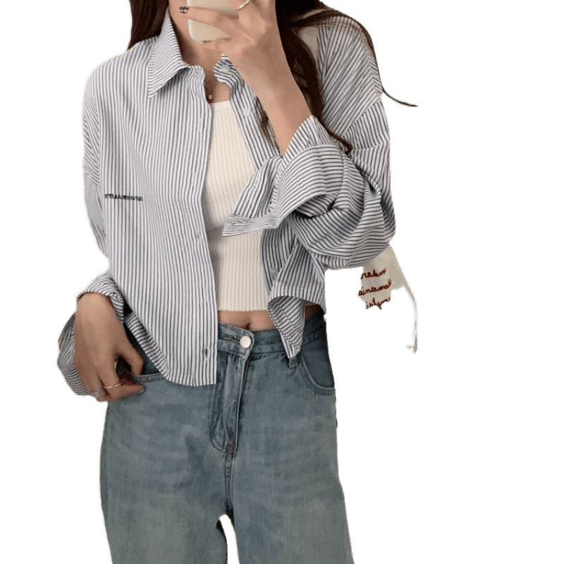 韩版高腰上衣女竖条纹短款刺绣衬衫慵懒风计感长袖晒衬衣外套潮|undefined