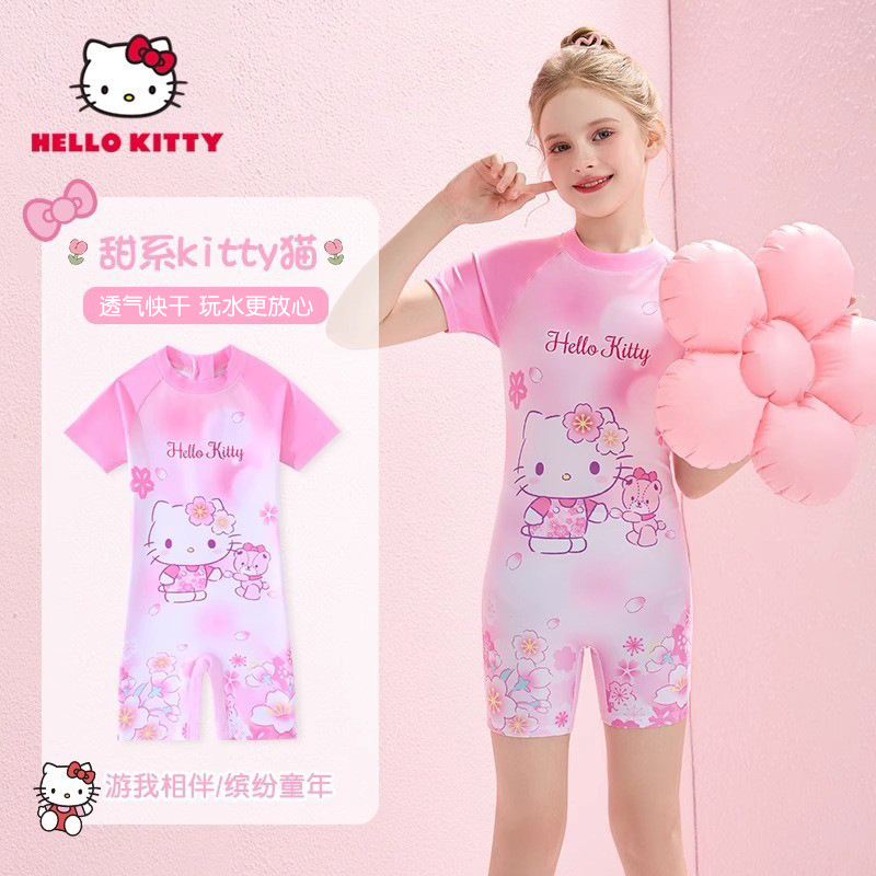 Hellokitty Kidsren's Swimsuit One-Piece Fashionable Swimwear 2025 New Summer Girls Middle and Large Kidsren Girls Swimming