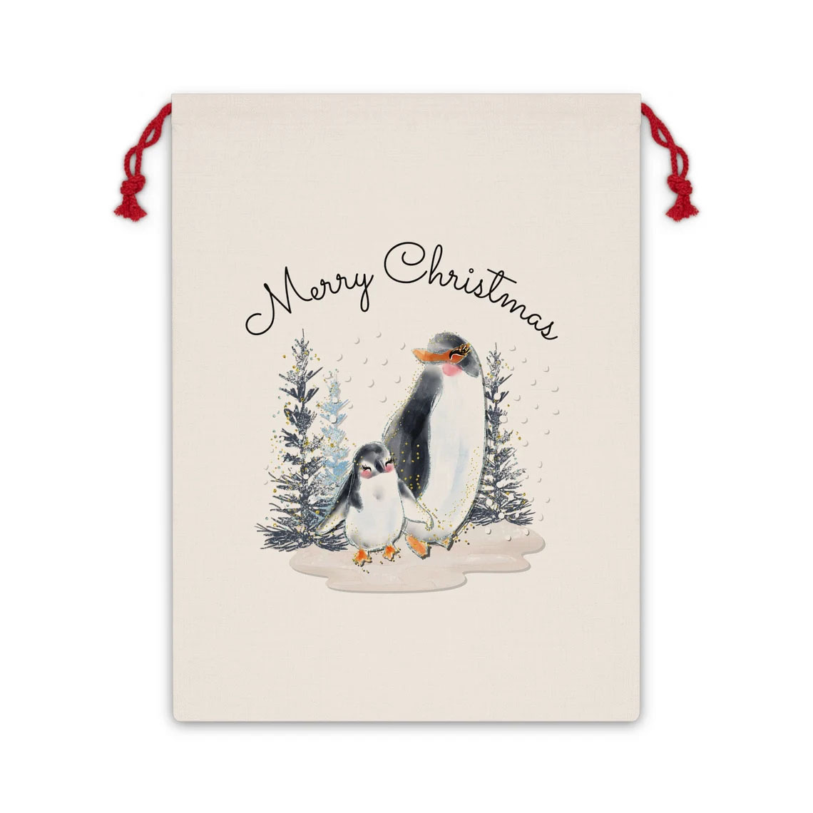 跨境亚马逊速卖通merry christmas圣诞节企鹅红绳帆布束口袋