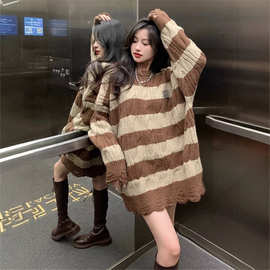 美式慵懒风条纹毛衣女秋冬oversize宽松复古条纹2024日系针织衫