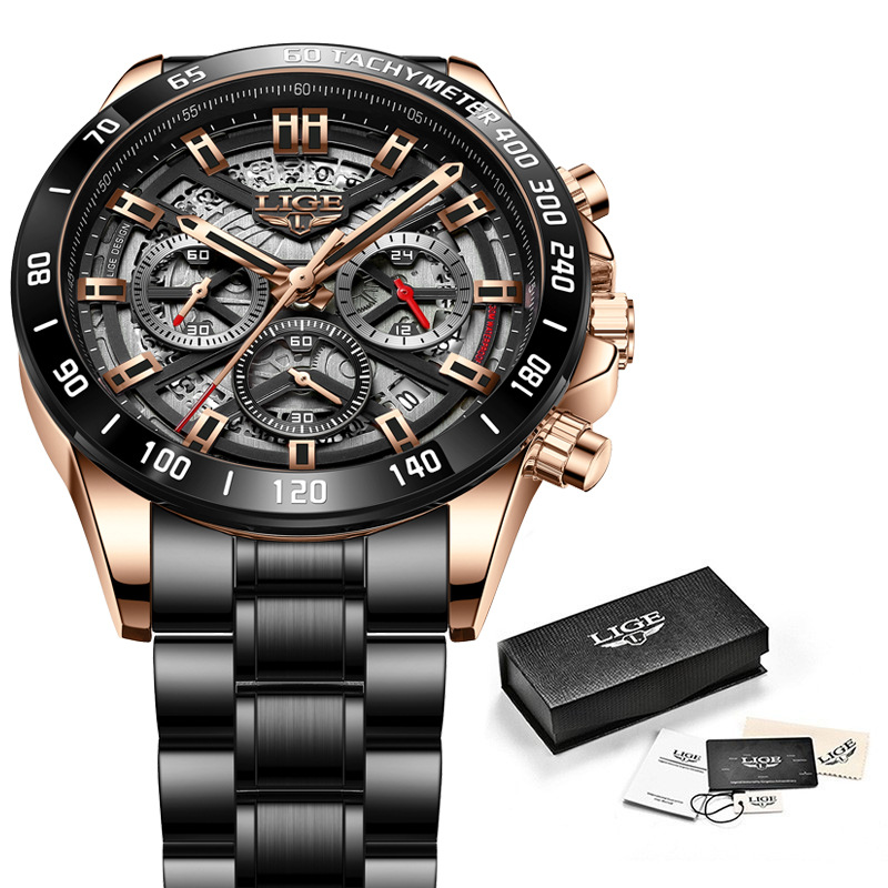 LIGE 8944 nuevo cinturón de acero de seis pines ahuecado personalidad de la moda de los hombres de moda reloj de regalo
