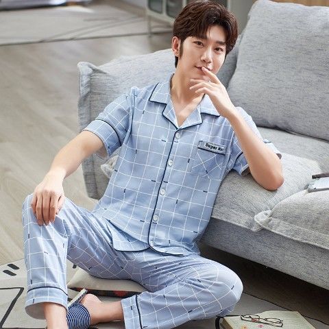 Pijamas de verano para hombre 100% algodón pantalones de manga corta verano para hombres jóvenes más tamaño Delgado homewear traje de hombre