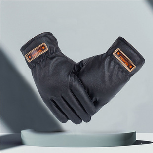 Artificial deerskin thickened cotton PU gloves winter fleece-lined cold-proof outdoor riding warm leather gloves men's factory wholesale