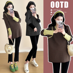 Real shot 2025 Spring and Autumn New Pregnant Women's Top Knitted Striped Internet Popular Pregnant Women's T-shirt
