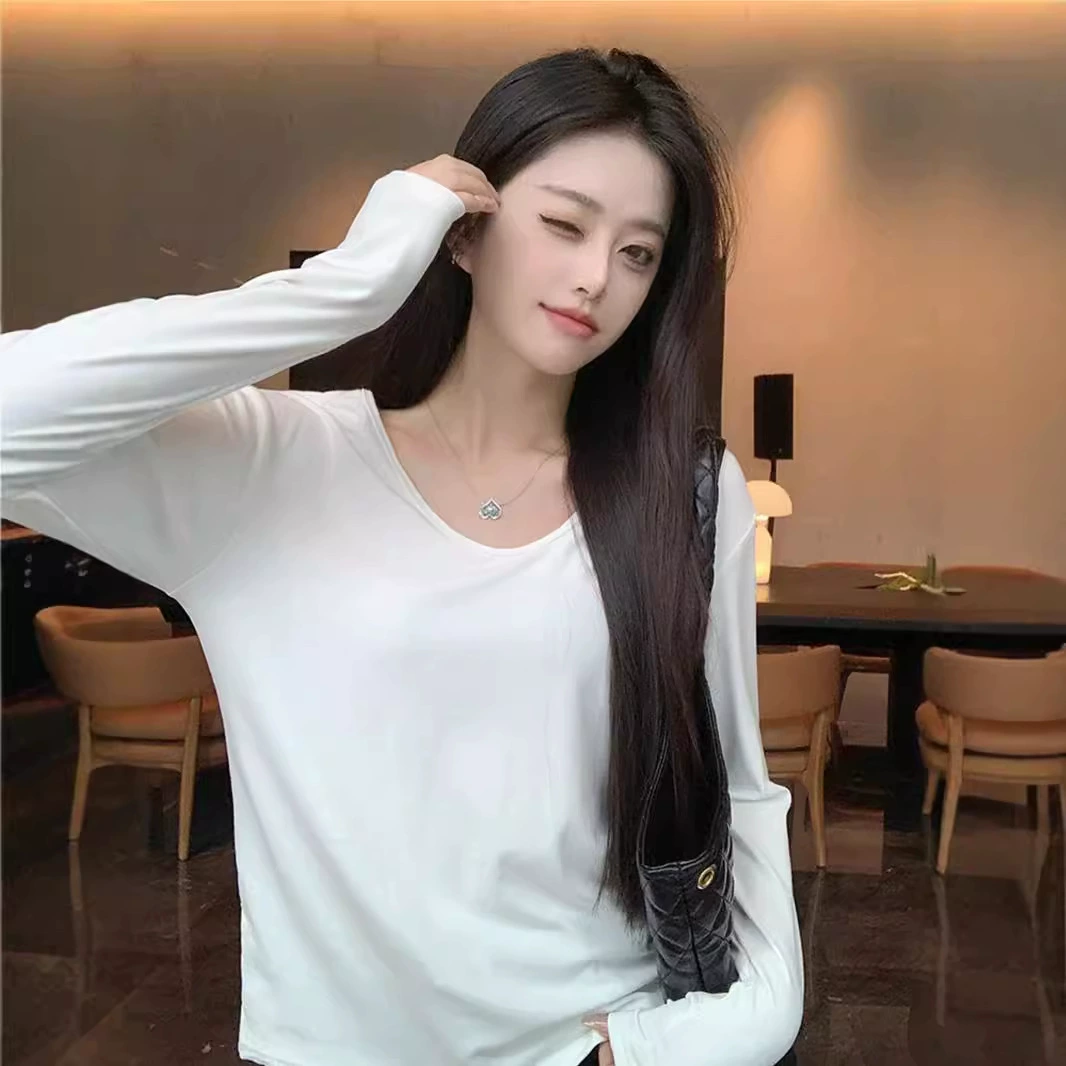 Трансграничная футболка с длинными рукавами женская осень 2024 новая белая сплошная рубашка с нижней рубашкой