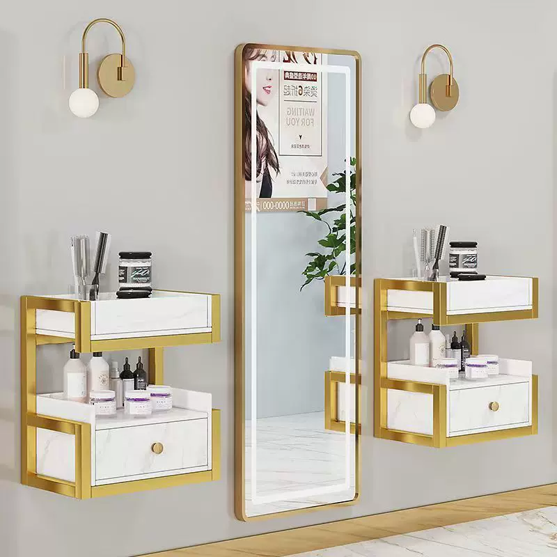 壁挂式理发店美发工作台工具收纳架墙上置物架镜台镜子化妆台