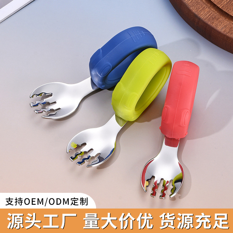 304 Stainless Steel Kidsren's Mini Tableware Silicone Handle Fork Spoon Household Baby Eating Supplement Spoon Fruit Fork