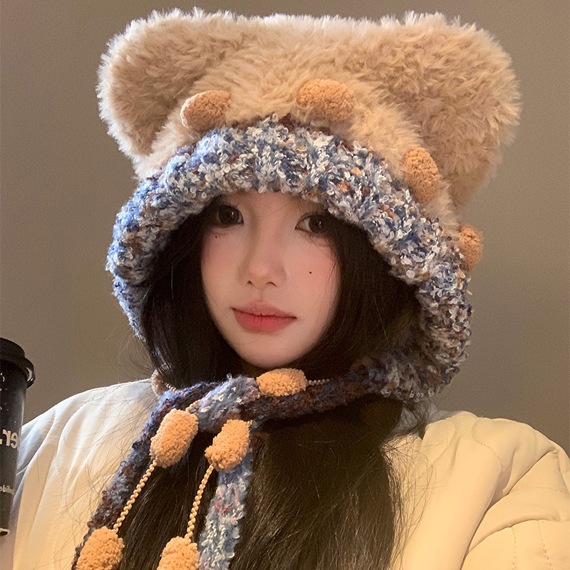 蝴蝶结猫耳朵毛绒帽女秋冬季条纹护耳针织帽显脸小保暖毛线帽子|undefined
