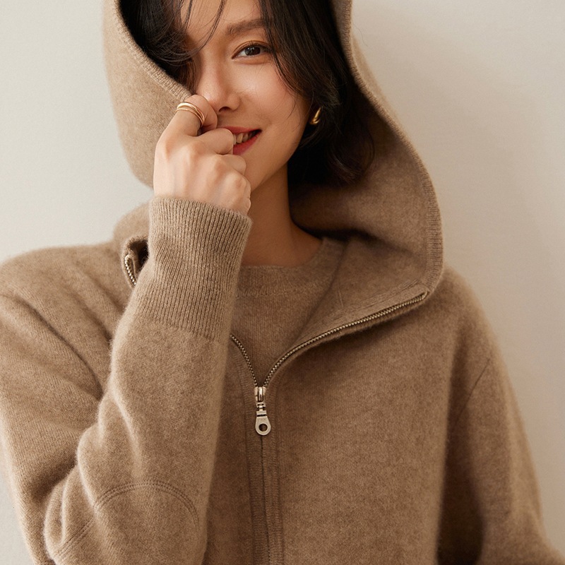 New 100% pure cashmere cardigan coat for women, hooded, zip-up, knitted casual sweatshirt for autumn and winter.