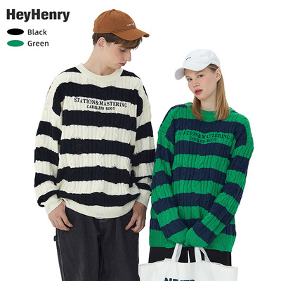 HeyHenry 粗條紋毛衣男秋季慵懶線衣潮流撞色針織衫美式時尚上衣