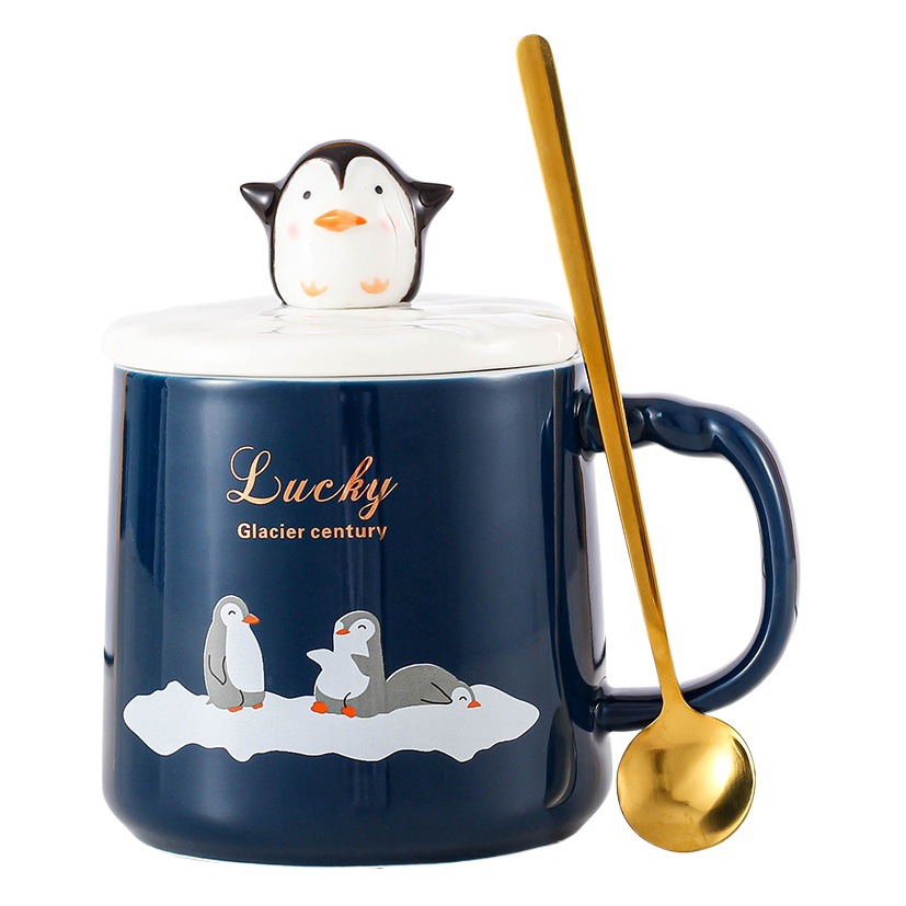 Creativo lindo pingüino Taza de cerámica de dibujos animados pareja taza de café con tapa cuchara estudiante resistente al calor taza de agua