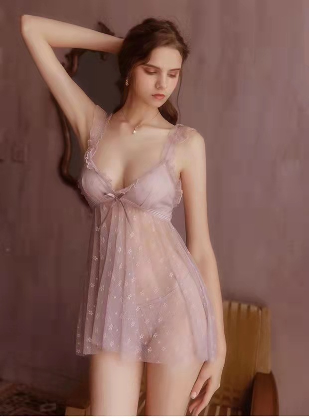 Lace Strap Babydoll Nightdress Set, Sheer Polyester Slip Style, White One Size — detail image 22